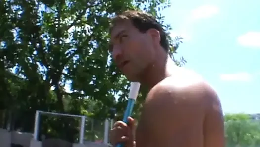 Cougar brunette blows and fucks pool guy in her home