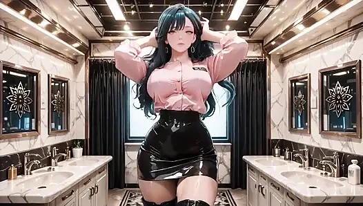 Blue-haired Golden-eyed Goddess in Pink Satin Blouse Black Shiny Mini Skirt Thigh-high Boots