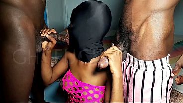African teen slut sucking two BBC