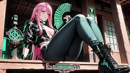 Pink-Haired Leather Tech! Private vibes in a neon-lit cyber corridor.
