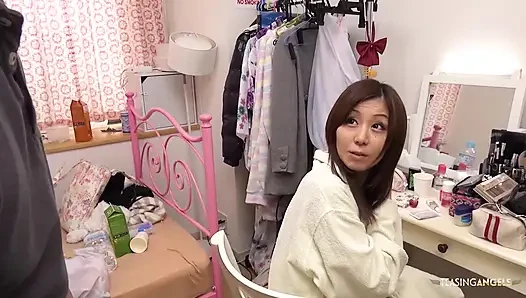 Instead of allowing the Asian individual to change into her garment, he ejaculates within her genitalia